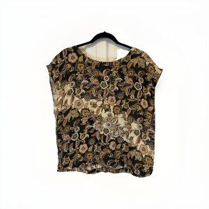 Nicole Miller Womens‎ Top L Linen Blouse Button Back Floral Print Brown Beige